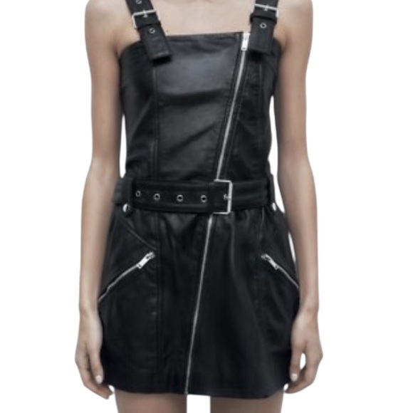 ZARA Real Leather Black Overall Mini Dress – Size L New - Picture 5 of 7
